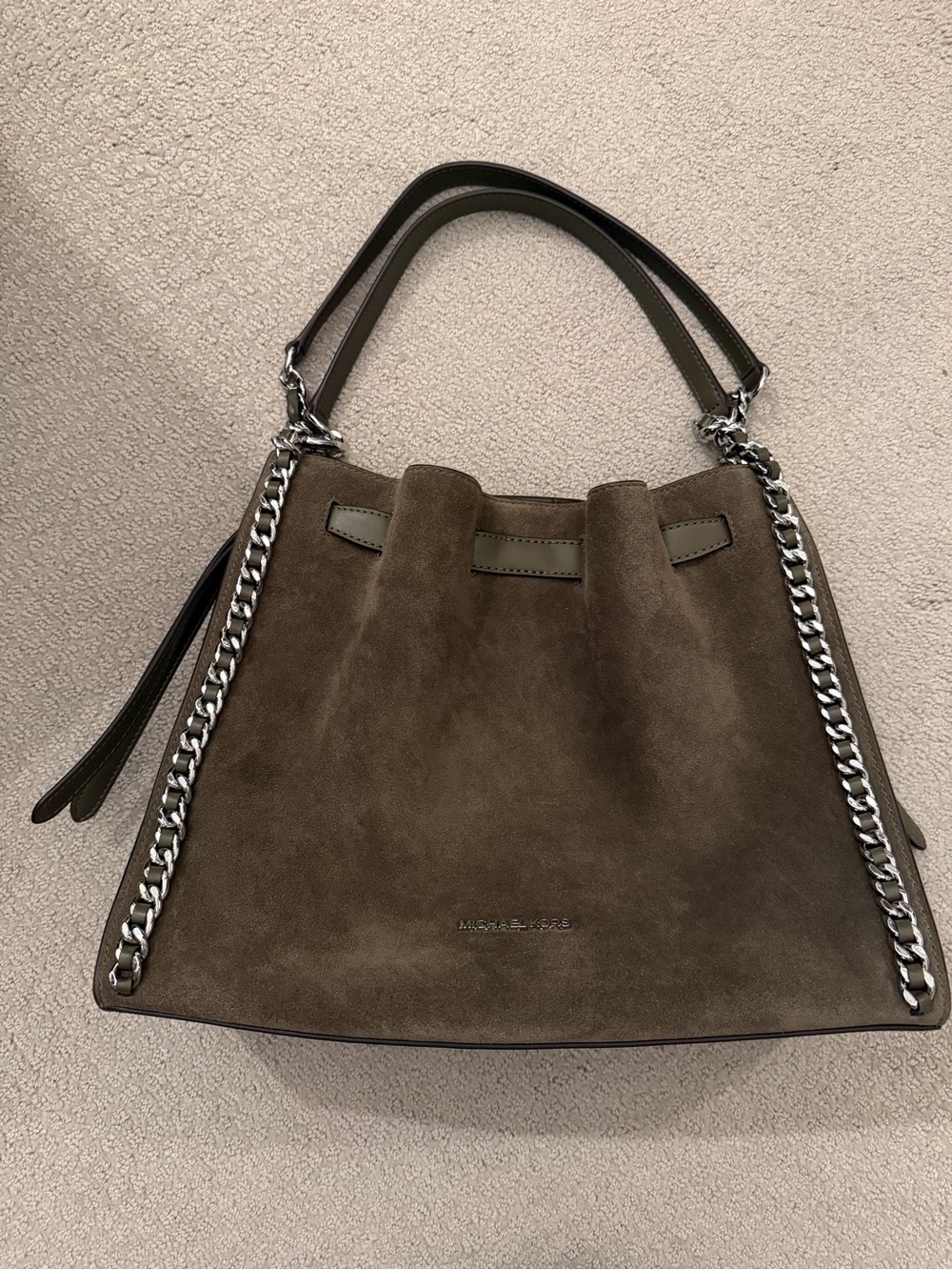 Michael Kors Olive Suede Tote with Silver Chain Trim